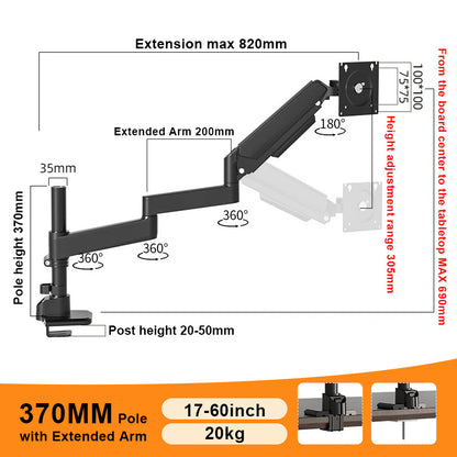 Extra Long Single Monitor Gas Spring Desk Mount Arm Full Motion Adjustable Stand 820 mm
