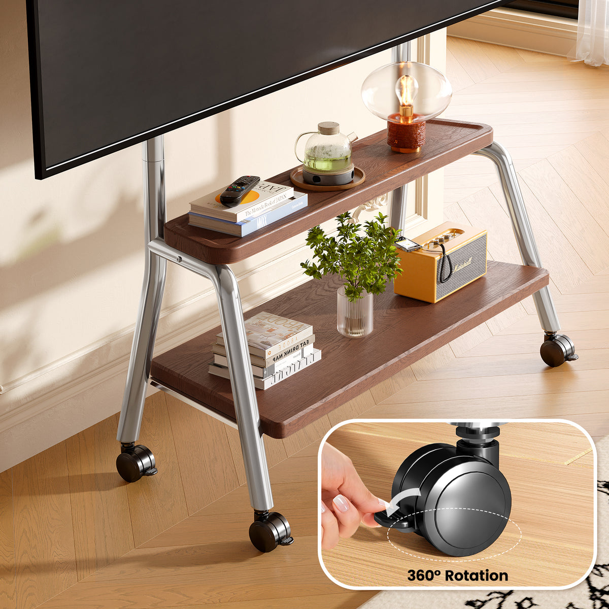 Rolling TV Cart on Lockable Casters, Movable TV Stand, Height Adjustable TV Trolley with Storage Shelf for 32" to 90" Screens