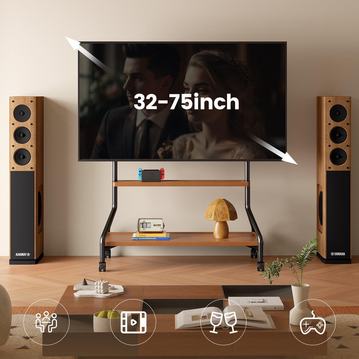 Rolling TV Stand with Storage Shelves for 32-75 Inch TVs