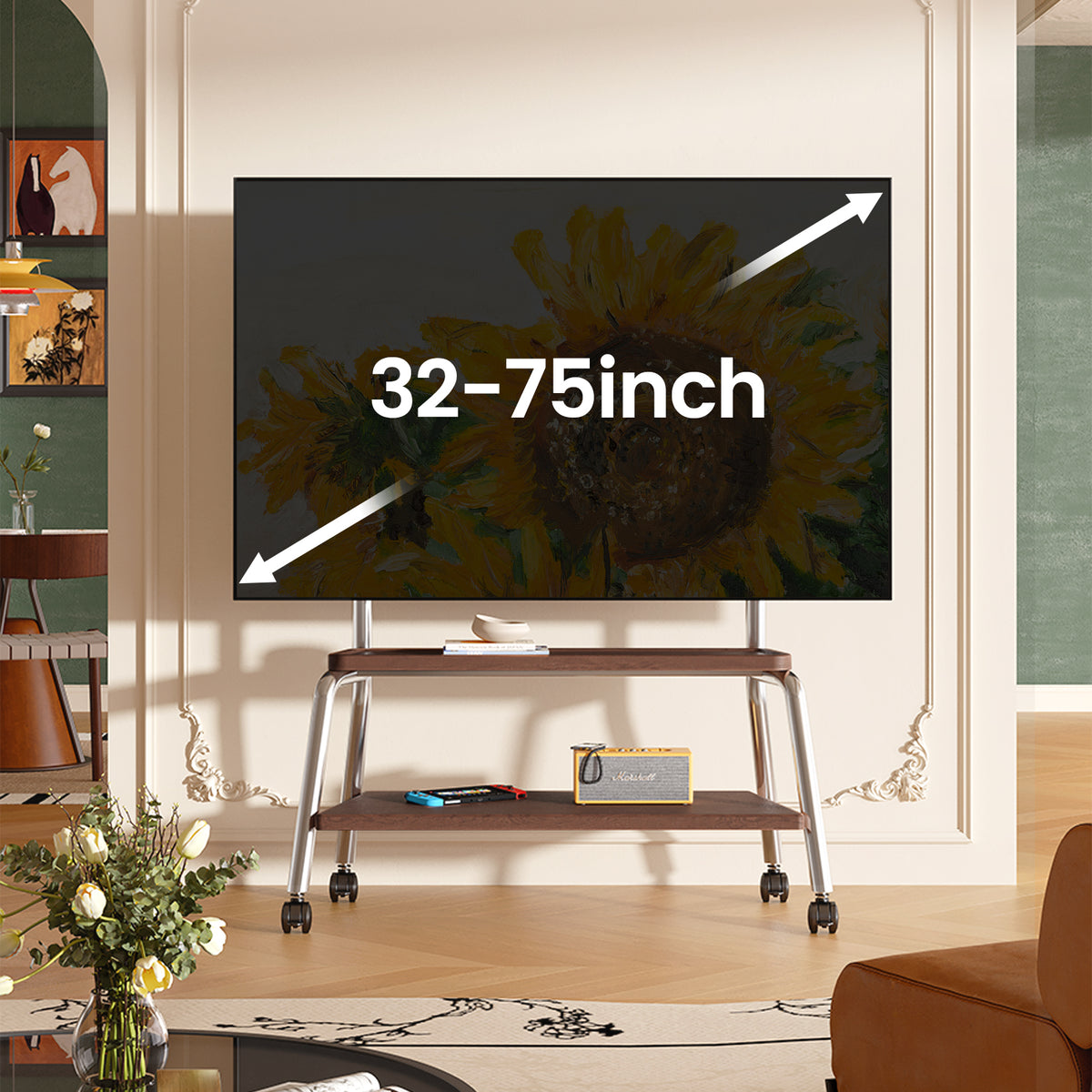 Rolling TV Cart on Lockable Casters, Movable TV Stand, Height Adjustable TV Trolley with Storage Shelf for 32" to 90" Screens