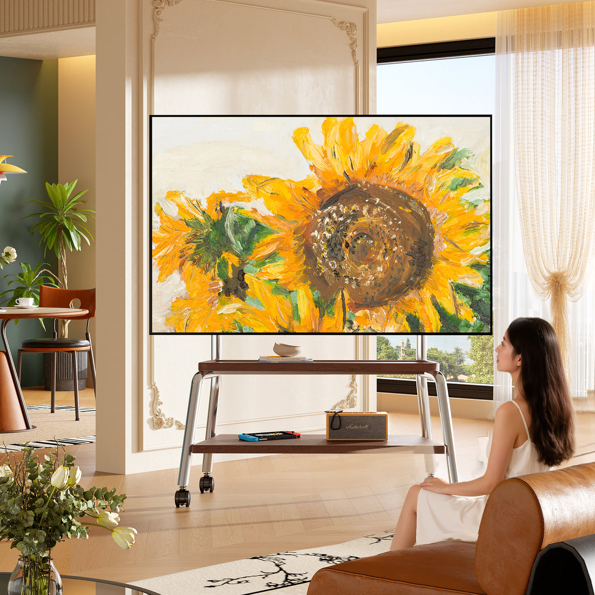 Rolling TV Cart on Lockable Casters, Movable TV Stand, Height Adjustable TV Trolley with Storage Shelf for 32" to 90" Screens