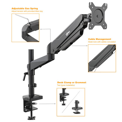 GKU LCD Monitor Desk Mount - ProRiser V1 Gas Spring Fully Adjustable Monitor Arm black