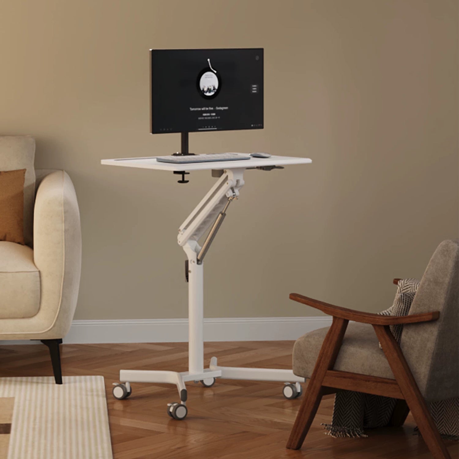 GKU Height Adjustable Mobile Standing Desk with Wheels 700x520mm Sit Stand Desk Laptop Desk for Home Office FDS101B-W