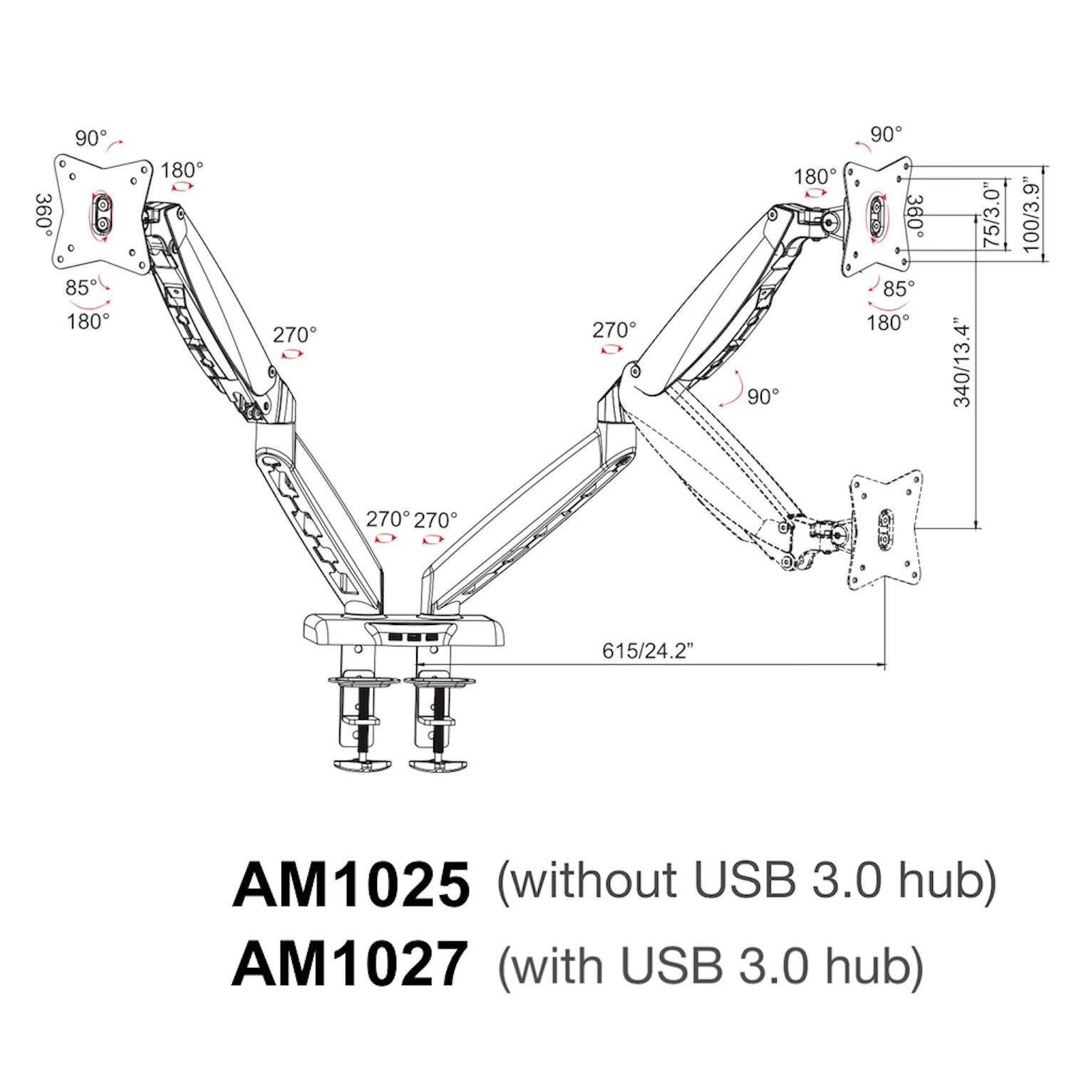 GKU Dual Monitor Desk Mount Arm With USB 3.0- ProRiser Gas Spring Monitor Stand