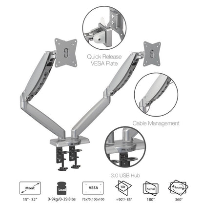 GKU Dual Monitor Desk Mount Arm With USB 3.0- ProRiser Gas Spring Monitor Stand