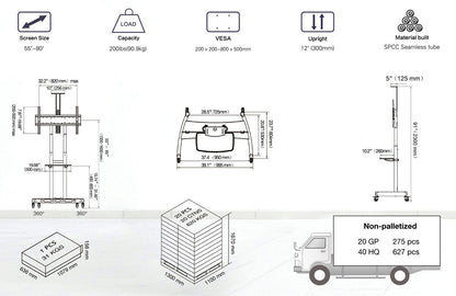 Heavy Duty Mobile TV Cart AVA1800-70-1P - 90kg capacity- Black Steel 