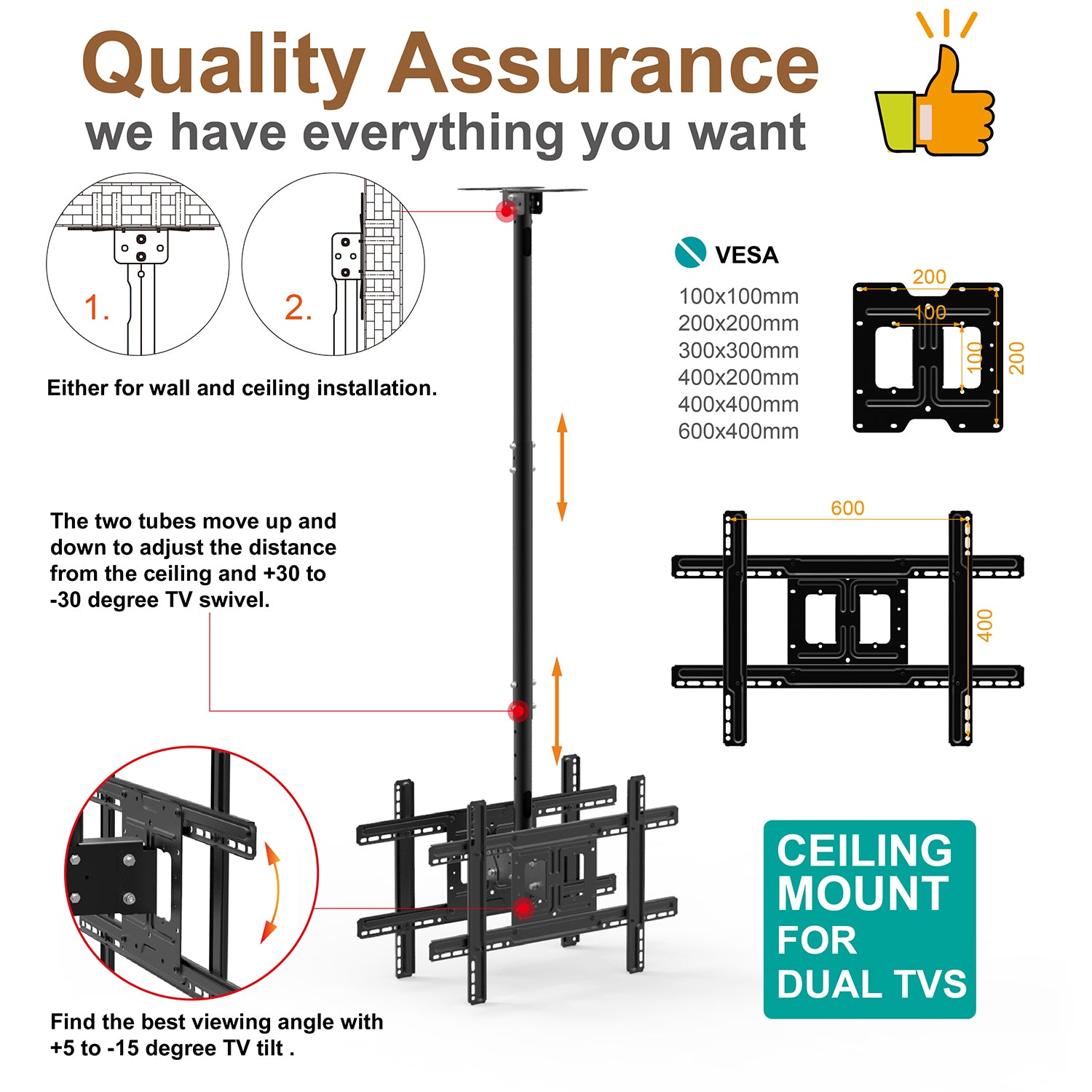 Dual TV Ceiling Mount Bracket Height Adjustable Tilt Swivel for 32"-57" TVs T590-15