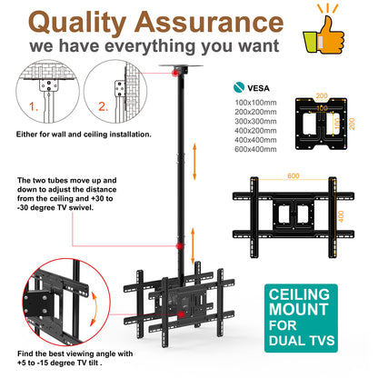 Dual TV Ceiling Mount Bracket Height Adjustable Tilt Swivel for 32"-57" TVs T590-15