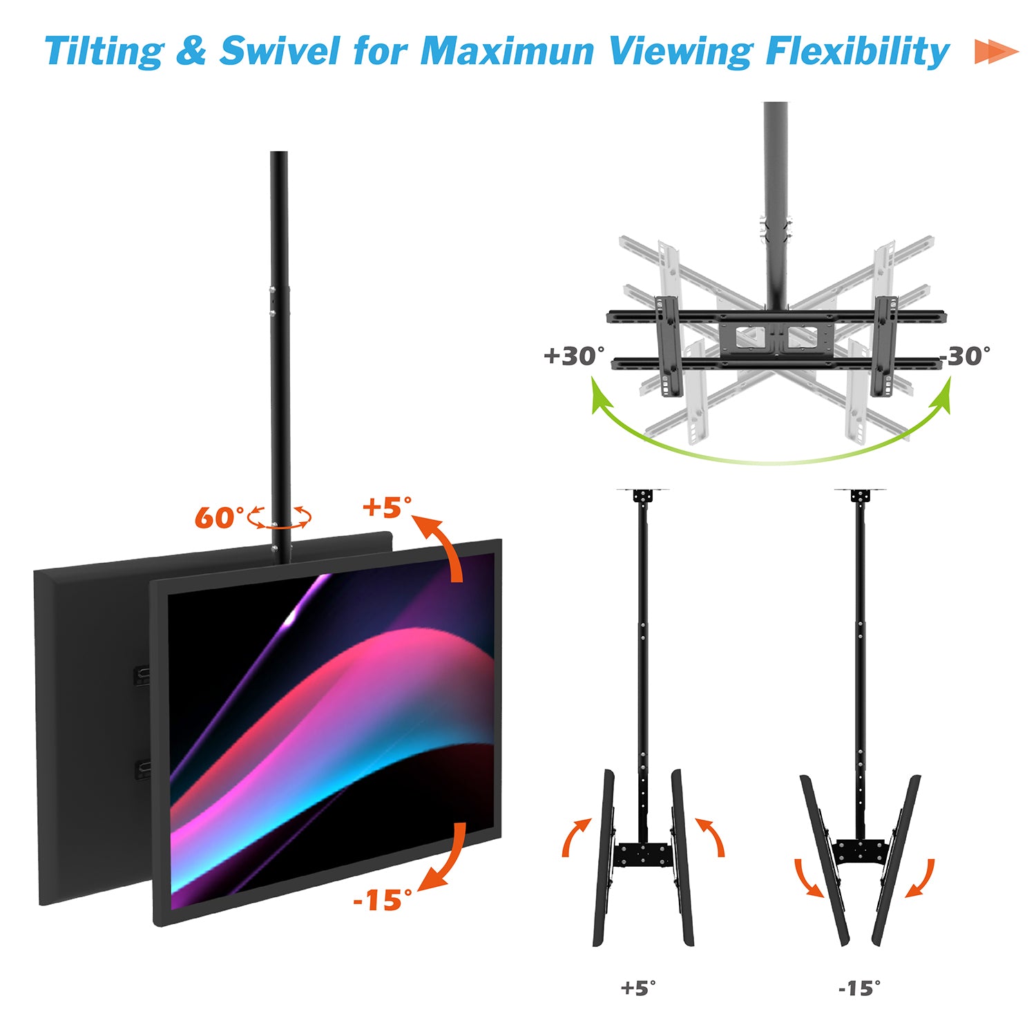 Dual TV Ceiling Mount Bracket Height Adjustable Tilt Swivel for 32"-57" TVs T590-15