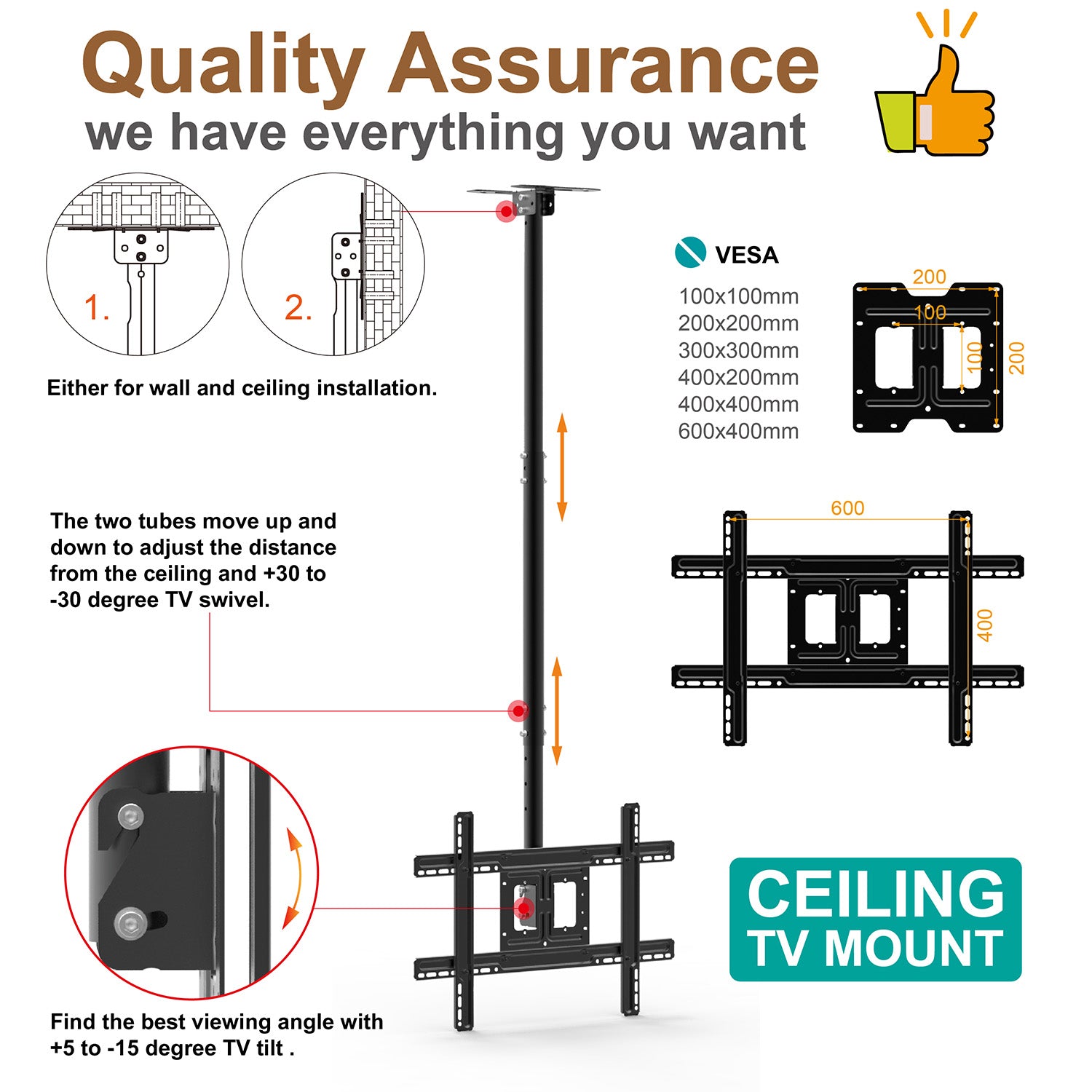 Commercial Height Adjustable TV Ceiling Mount (T560-15)