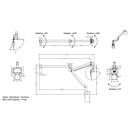 Medical mornitor wall mount 1190mm rech