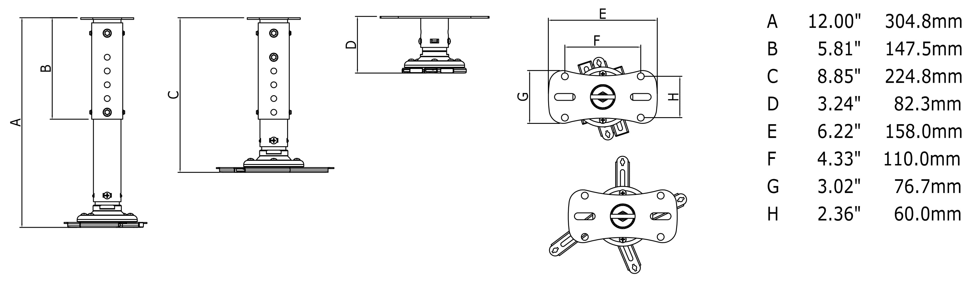 Projector Ceiling mount 7.6cm to 30.5cm 360 Rotation