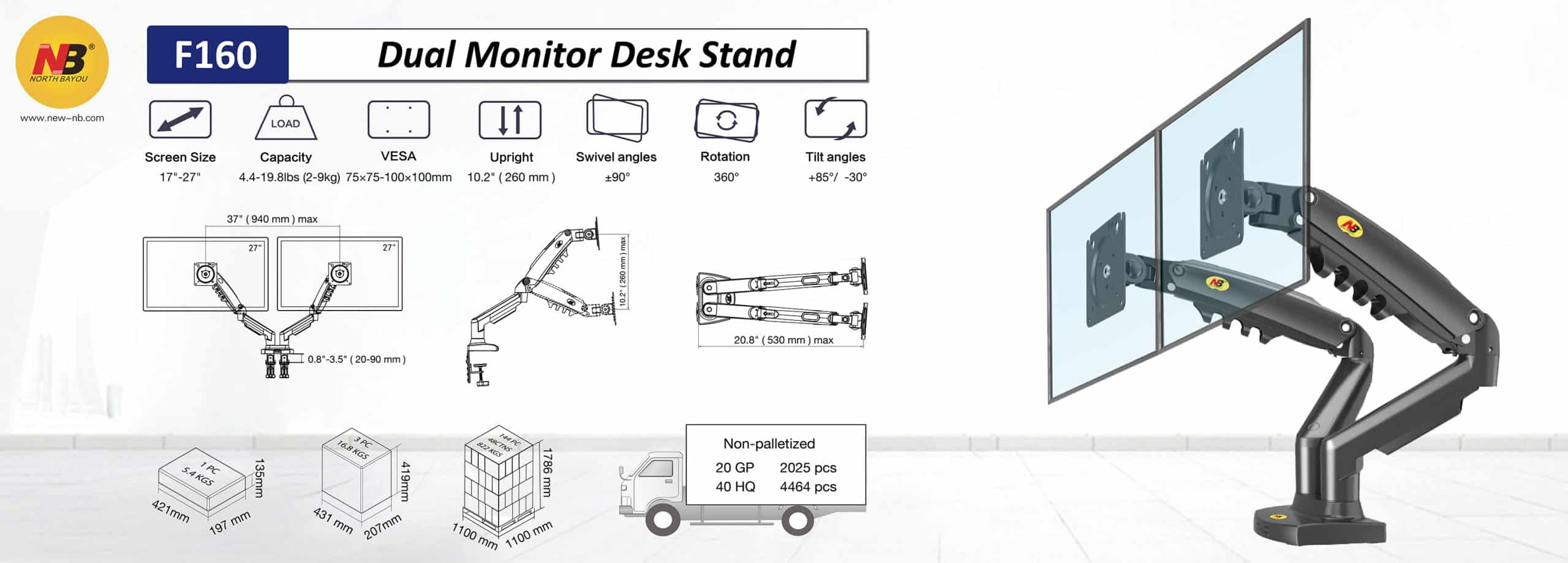 Dual Monitor Arm for 17-27" Screens Gas Spring Adjustment F160-G AU