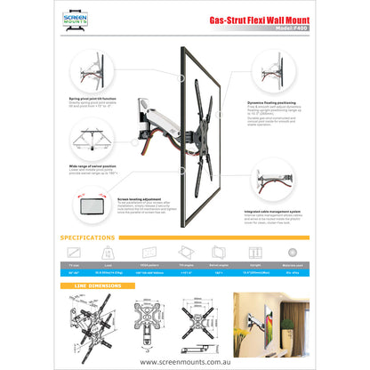 Commercial TV Wall Mount Gas Strut 14-23kg BlackF400 