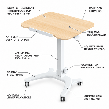 Height Adjustable Mobile Wheely Sit Stand Desk Foldable Rolling Timber Look Workstation 680x535mm FA106lwoow