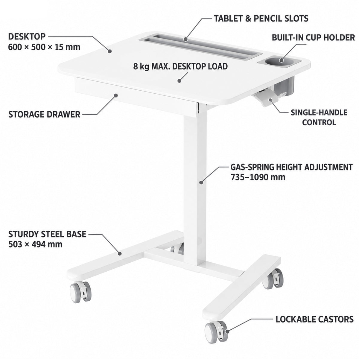 Height Adjustable Mobile Sit Stand Desk Rolling Workstation with Drawer Lockable Wheely 600x500mm FA122ww