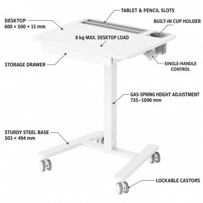 Height Adjustable Mobile Sit Stand Desk Rolling Workstation with Drawer Lockable Wheely 600x500mm FA122ww