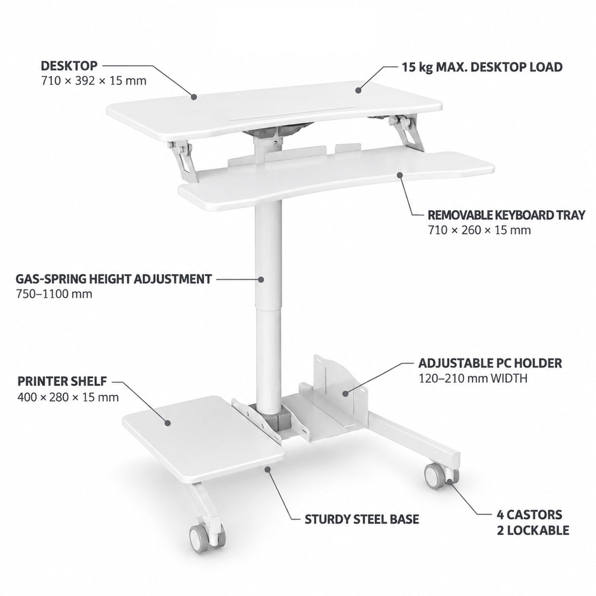 Mobile Wheely Height Adjustable Sit Stand Desk Rolling Workstation Keyboard Tray Home Office 710mm FDS108