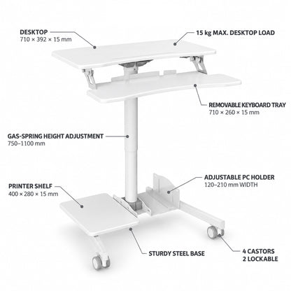Mobile Wheely Height Adjustable Sit Stand Desk Rolling Workstation Keyboard Tray Home Office 710mm FDS108
