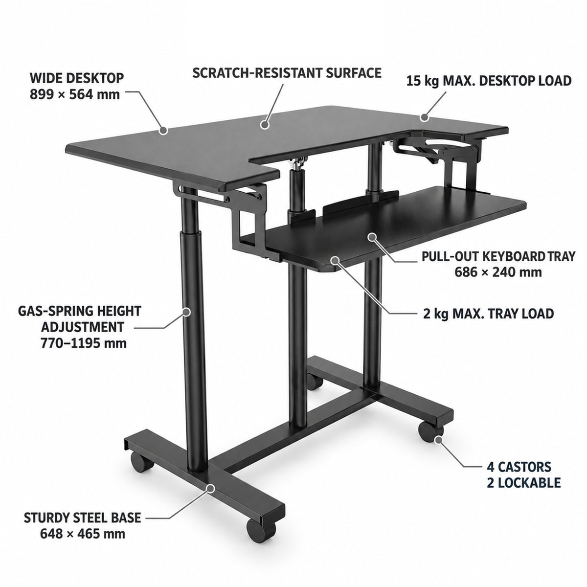 Mobile Wheely Height Adjustable Sit Stand Desk Rolling Workstation with Keyboard Tray Home Office 899x564mm FDS301