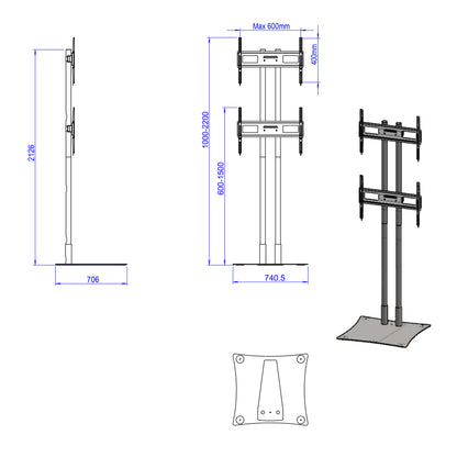 Vertical dual tv display stand adjustable height