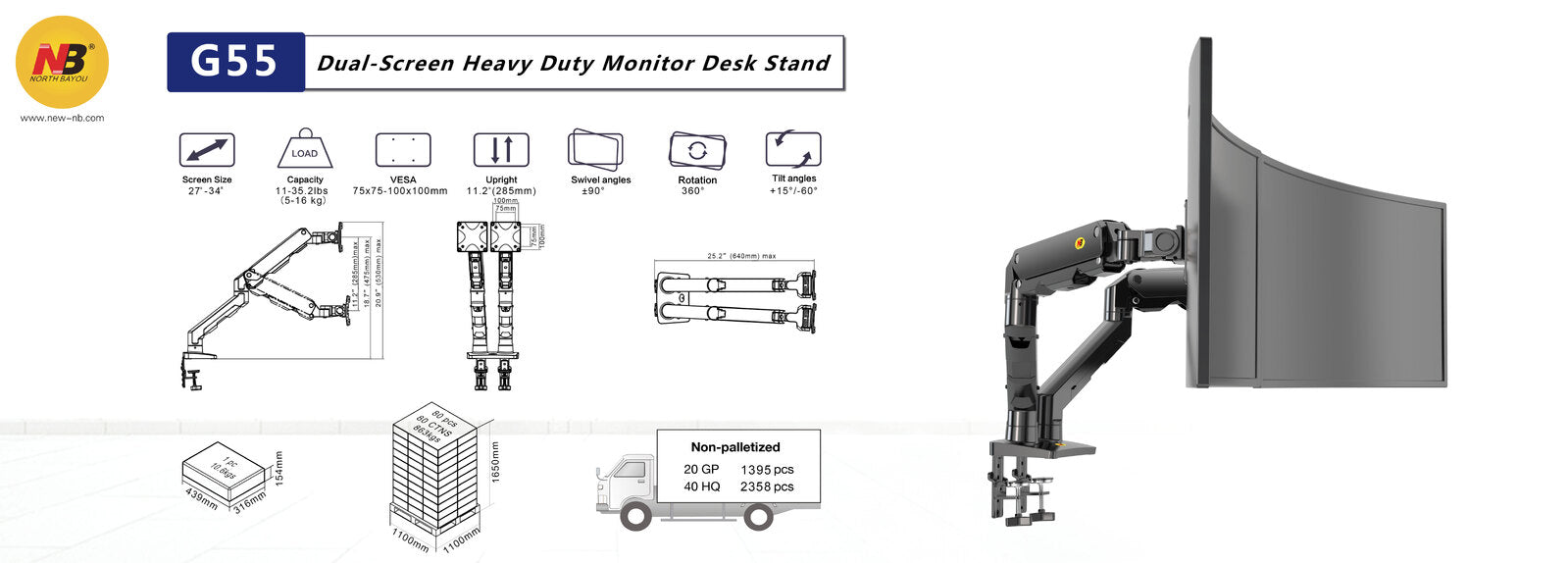 NEW North Bayou G55 16kg Load per arm Dual Monitor Spring Balanced HD 5-16kg per arm for monitors Full Motion Black