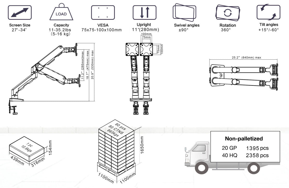 Curved Dual Screen  Monitor Mount HD G65 for large screens up to 16kg