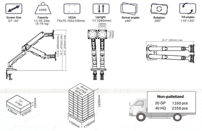 Curved Dual Screen  Monitor Mount HD G65 for large screens up to 16kg