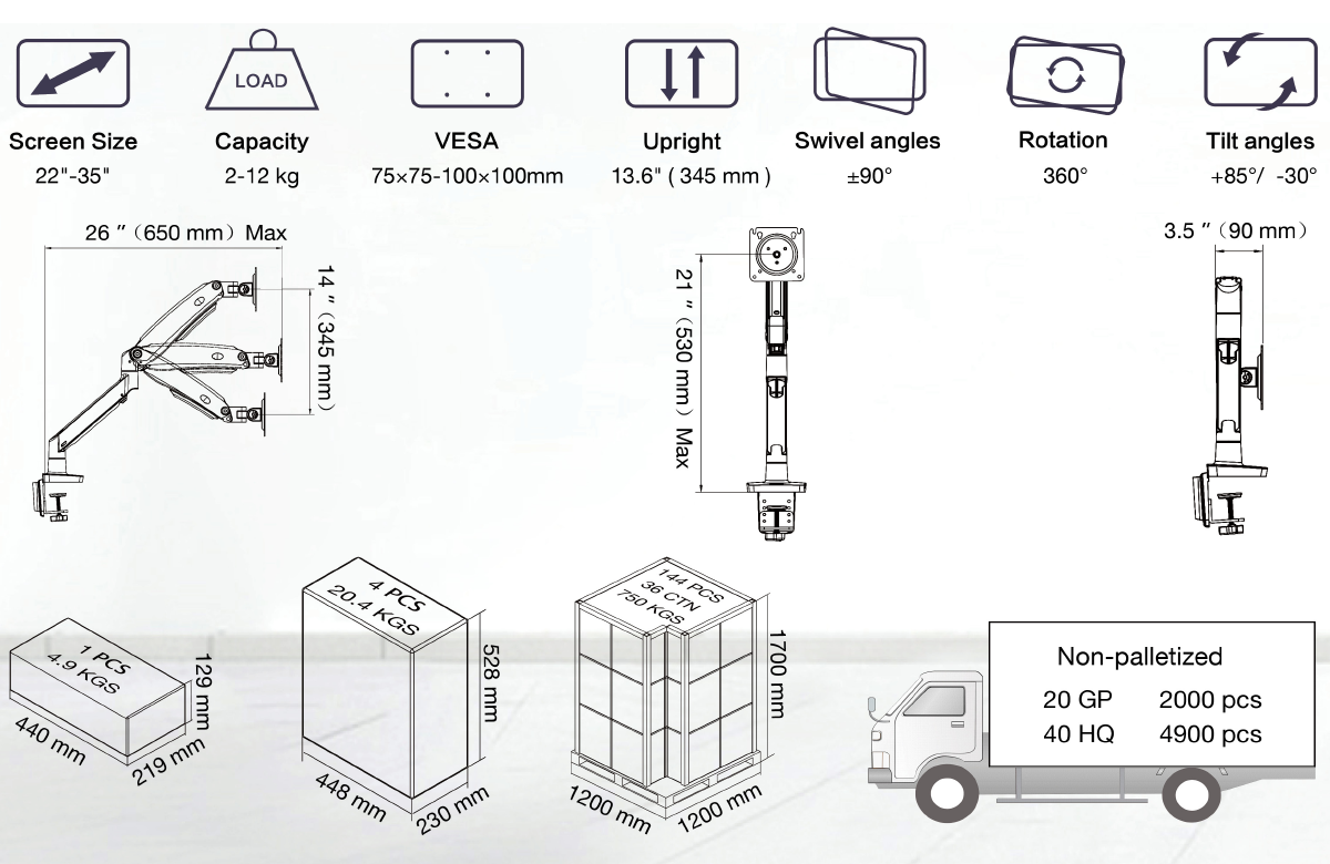 Gas Strut monitor mount G70 for 2-12kg Gunmetal Grey
