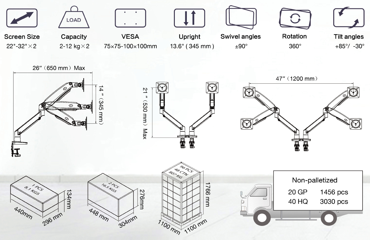 NEW G75 Model Dual Screen Desktop Monitor Mount, 3-12kg per arm, Gunmetal Grey