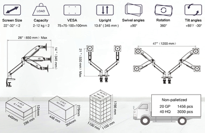 NEW G75 Model Dual Screen Desktop Monitor Mount, 3-12kg per arm, Gunmetal Grey