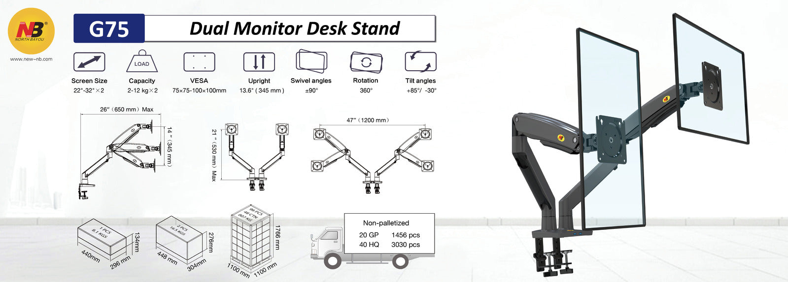 NEW G75 Model Dual Screen Desktop Monitor Mount, 3-12kg per arm, Gunmetal Grey