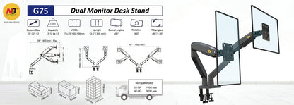 NEW G75 Model Dual Screen Desktop Monitor Mount, 3-12kg per arm, Gunmetal Grey