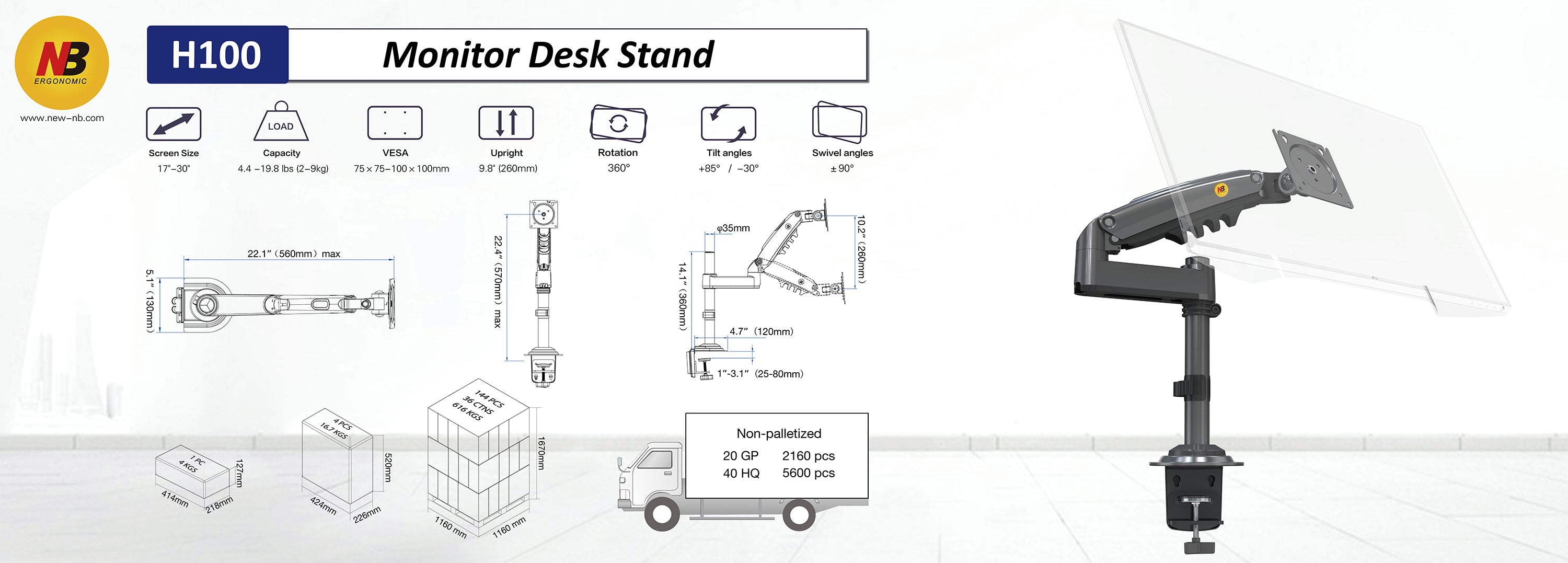 NB Desktop Monitor Pole Mount Gas Strut Arm 17"-30" up to 9 kg H100
