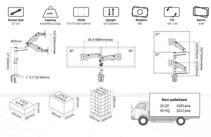 Dual Monitor Arm Ergonomic for Desktops VESA Mount NB-H180