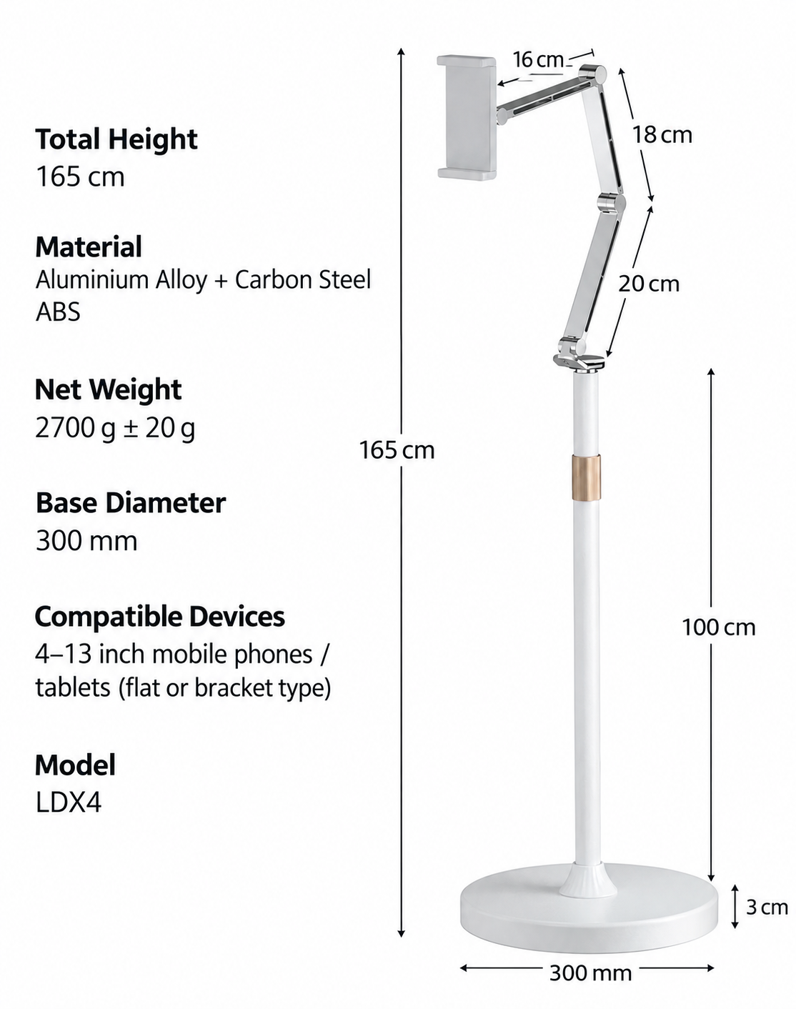 Aluminum Floor Tablet/iPad/Phone Holder Stand Mechanical Arm 360° Rotating