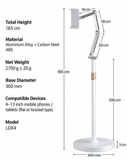 Aluminum Floor Tablet/iPad/Phone Holder Stand Mechanical Arm 360° Rotating