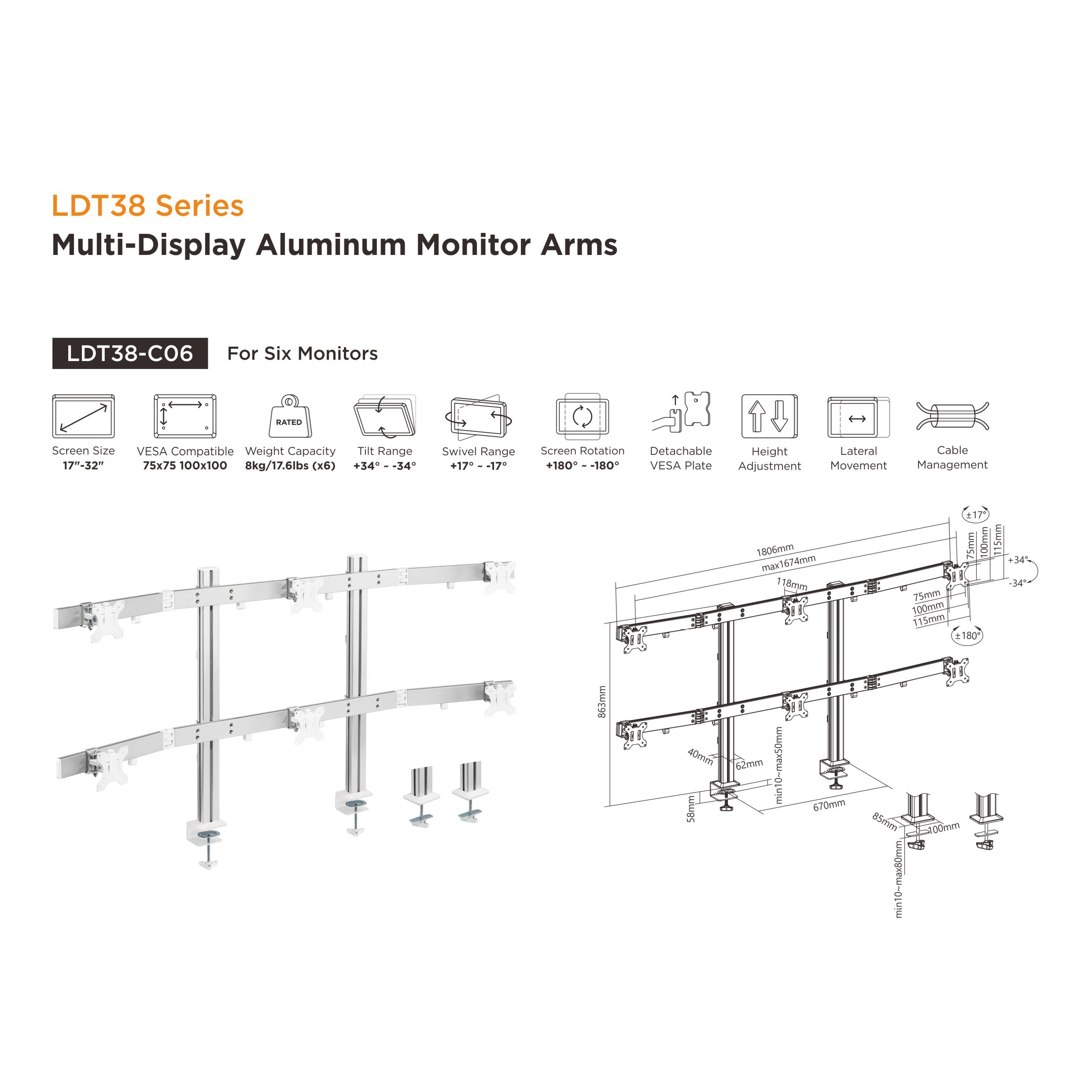 Multi Display Aluminum Monitor Arms 6 screens