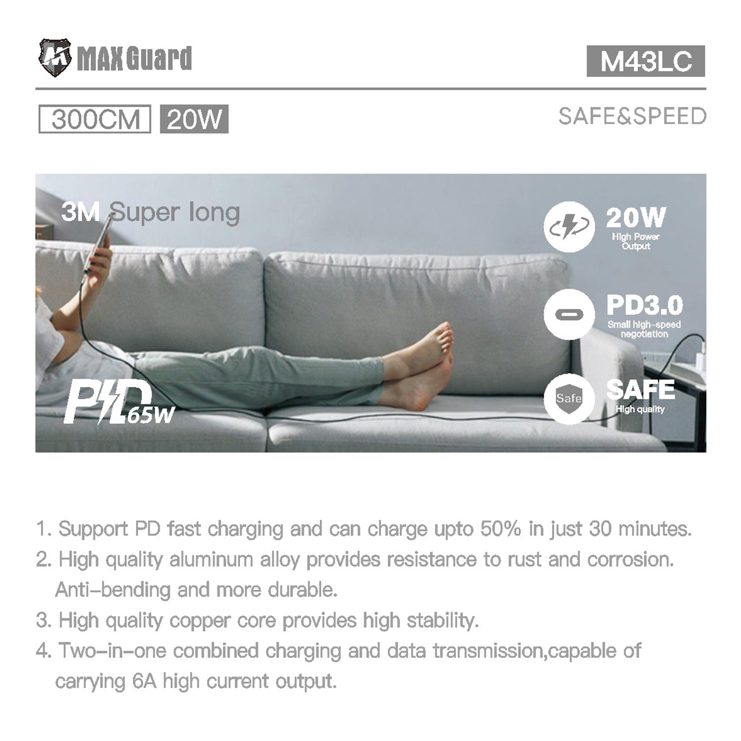 M43LC Lightning to Type c Cable with PD65W (3M Length)