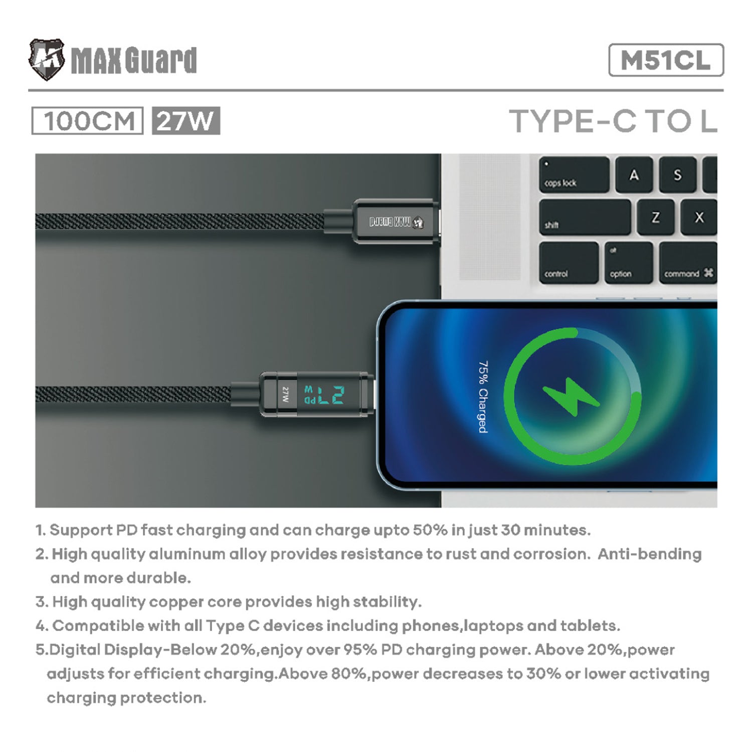 M51CL Type-C to Lightning Cable Digital Display