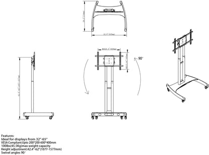 Rotatable Mobile TV Trolley Stand Landscape / Portrait 32"-70"