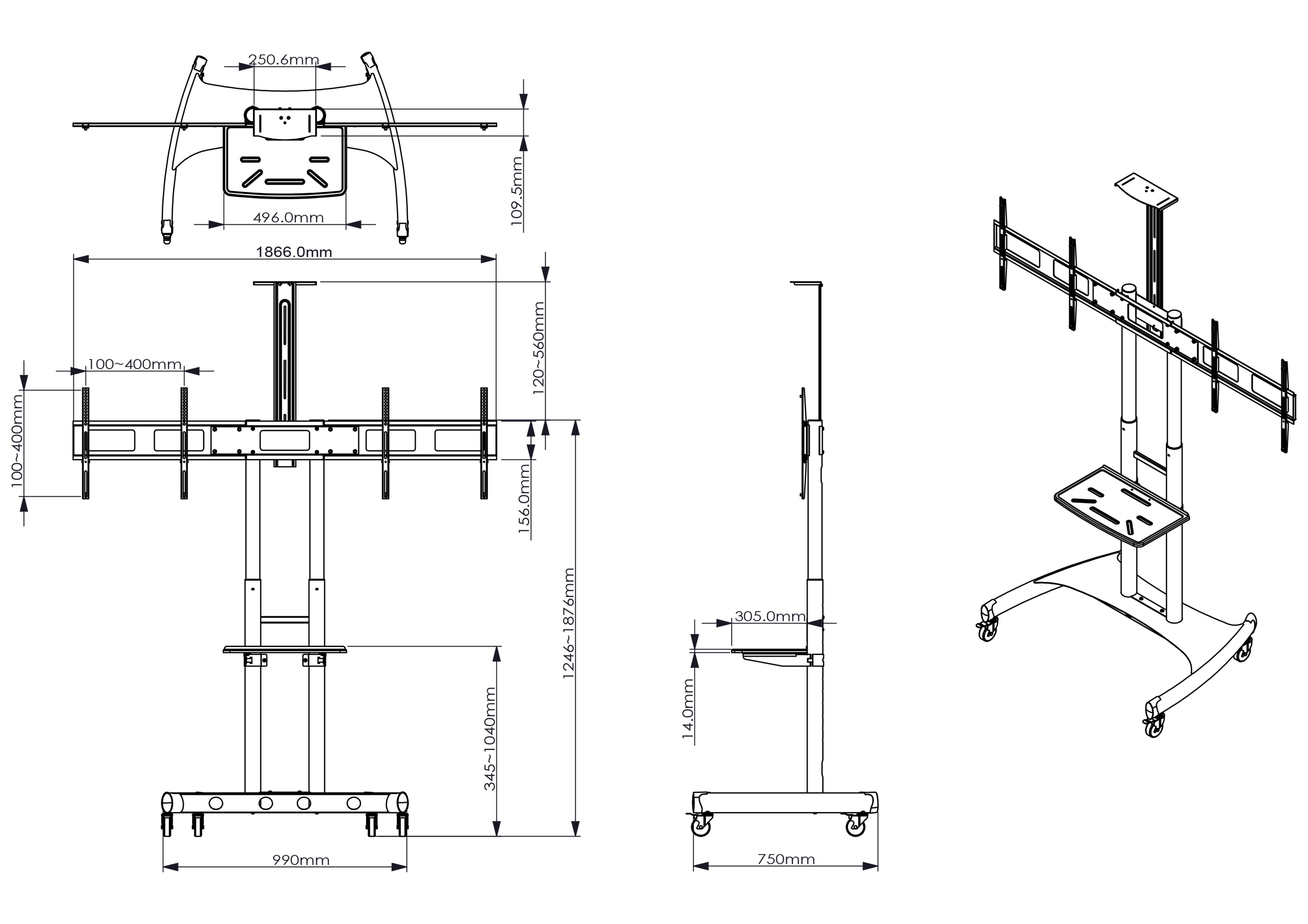 Dual tv dispaly stand on wheels 44-55 inch mc386