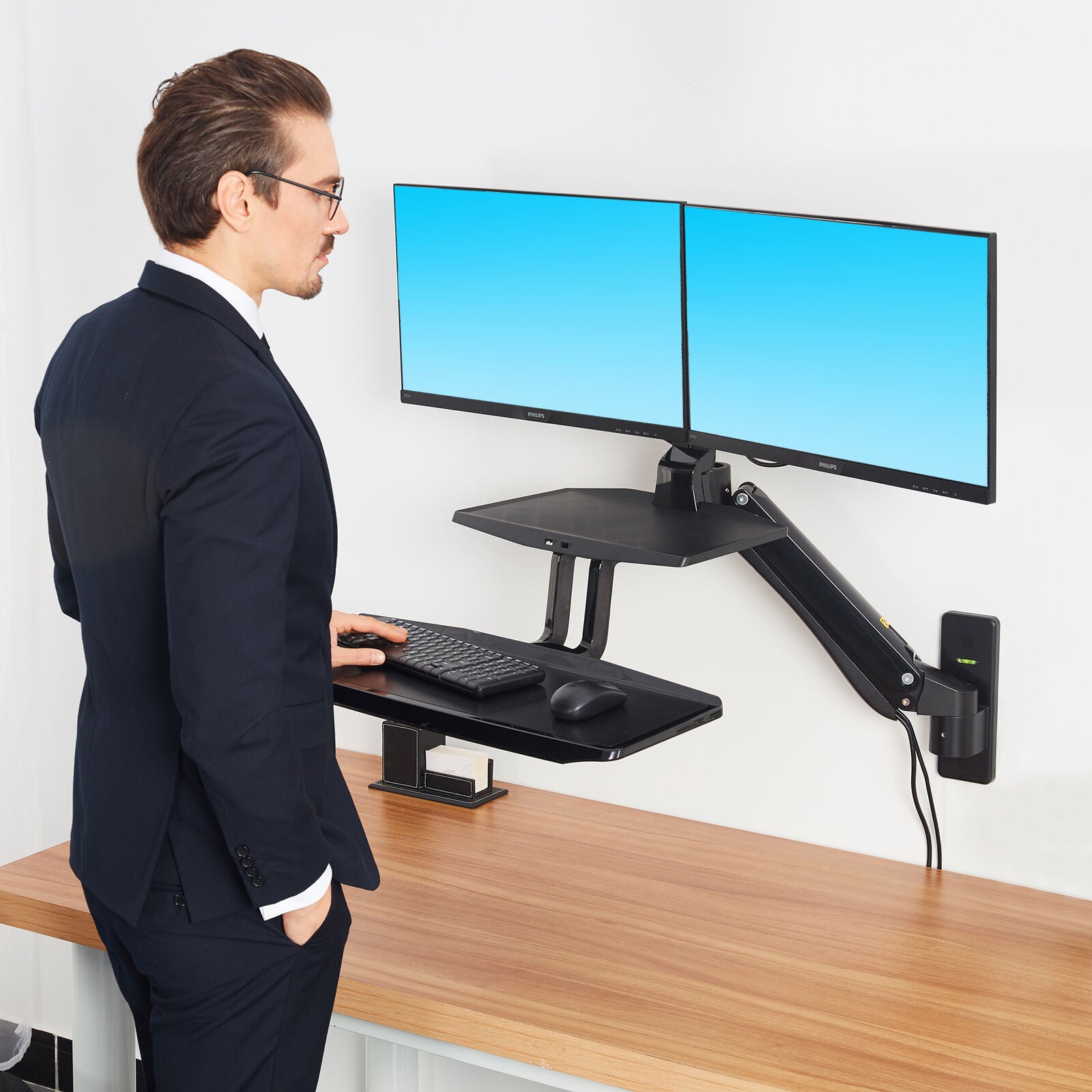 Fits 22"-27" Monitors.NB MC55-2A Dual Monitor Wall Mount with Keyboard Tray