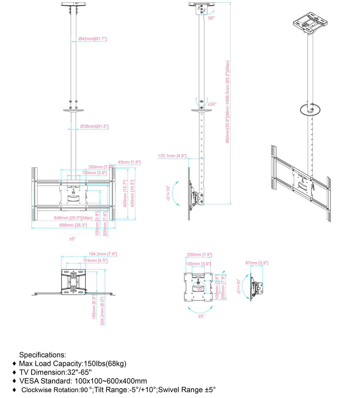Adjustable TV Ceiling Mount for 32–65 Inch Screens – 68kg | MTECD01