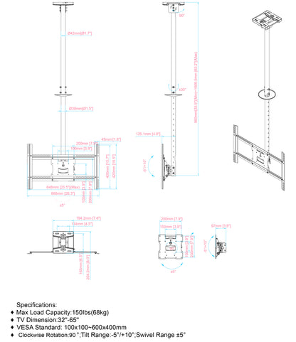 Adjustable TV Ceiling Mount for 32–65 Inch Screens – 68kg | MTECD01