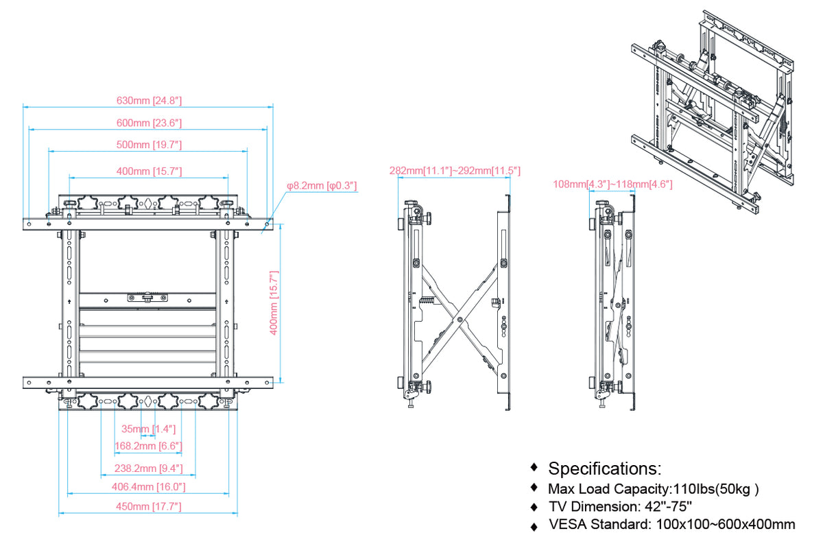 Pop-Out Video Wall Mount for 42–75 Inch Screens – 50kg | MTEW600