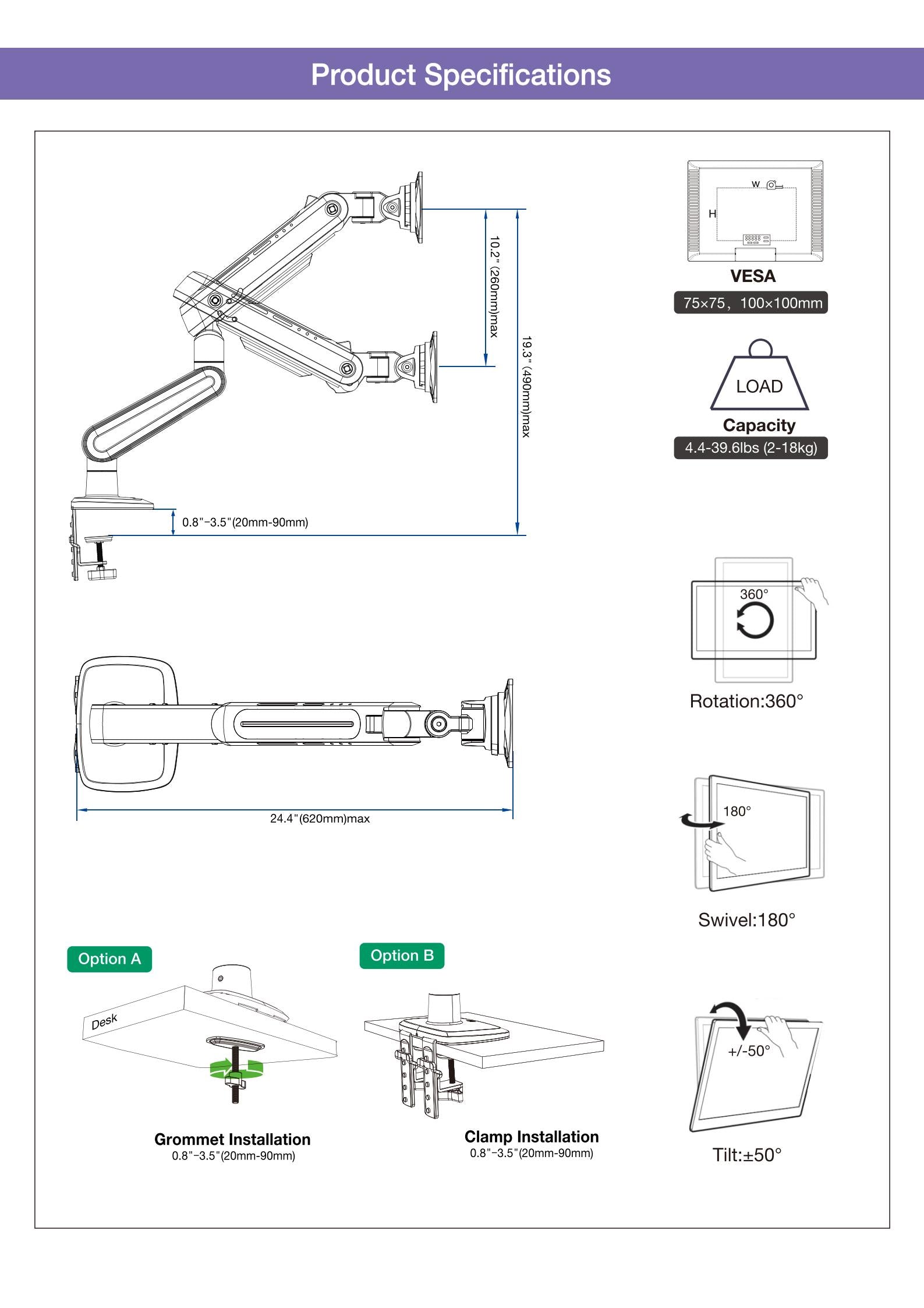 Gaming Monitor Arm – 27″–50″ Screen (holds 18 kg) A6