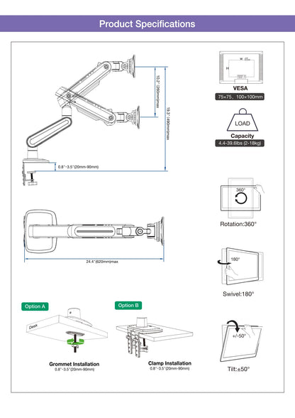 Gaming Monitor Arm – 27″–50″ Screen (holds 18 kg) A6
