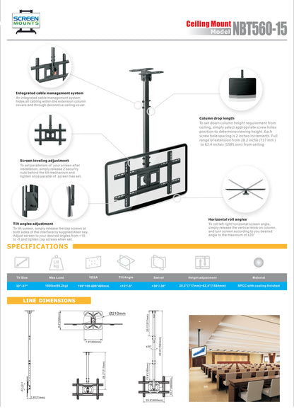 NBT560-15 Steel Ceiling Mount with Tilt, Pivot and Height Adjustment 68kg
