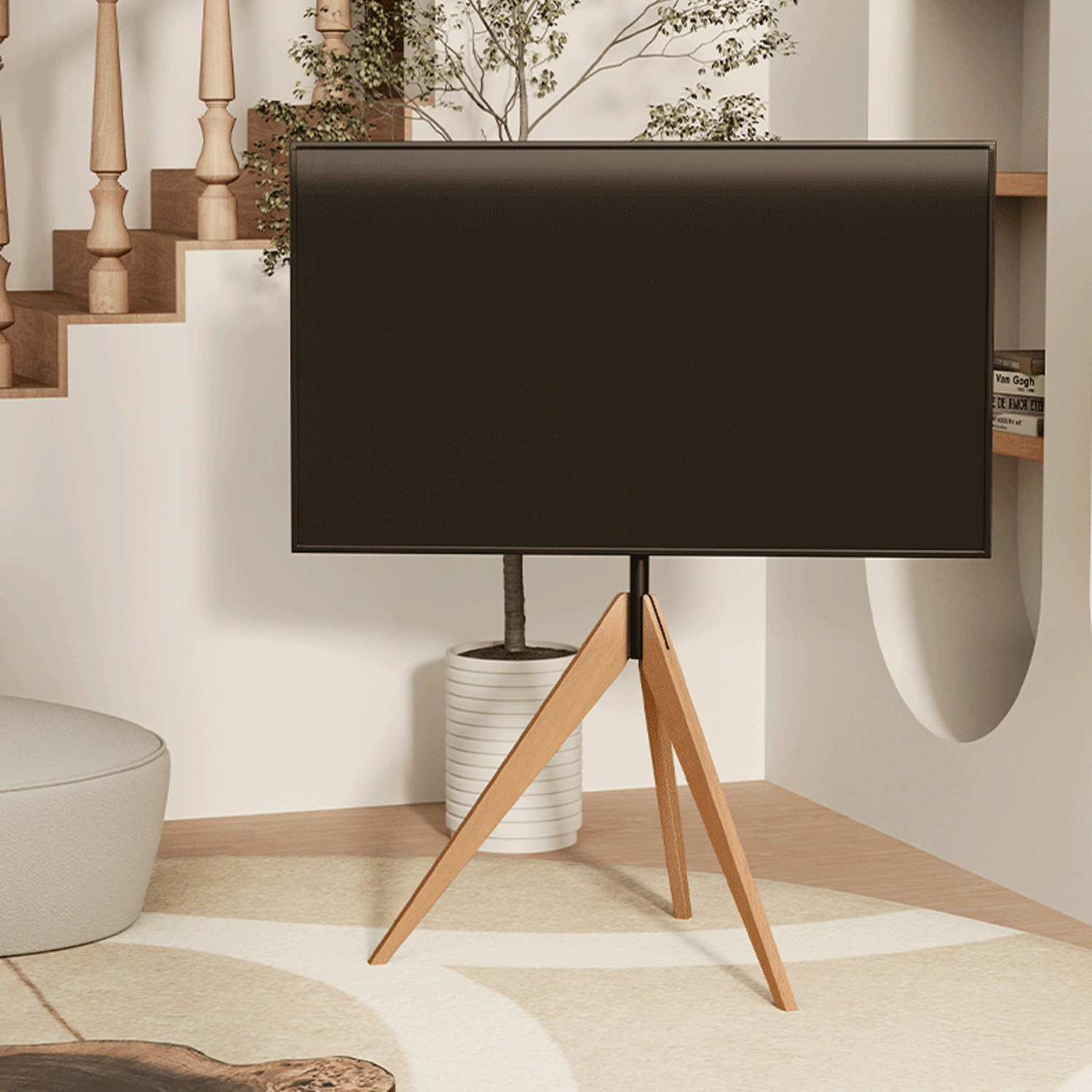 Tripod TV Stand for 32-65 Inch TVs | Beech Wood Height Adjustable Floor TV Mount